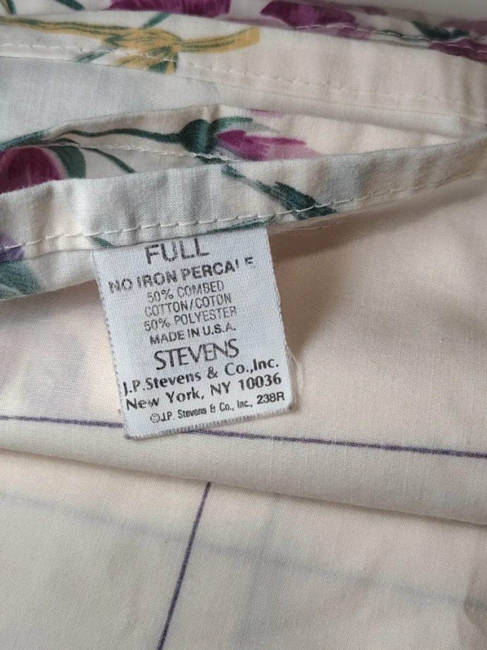 Vintage J.P. Stevens Full Sheet Set Floral Purple No Iron Percale USA 2 Piece